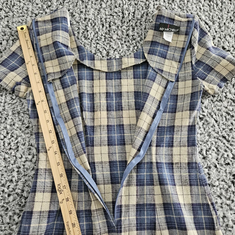 Vintage 90s My Michelle Blue Plaid Mini Dress 7/8 XS Short Sleeve Linen Grunge - Picture 14 of 14